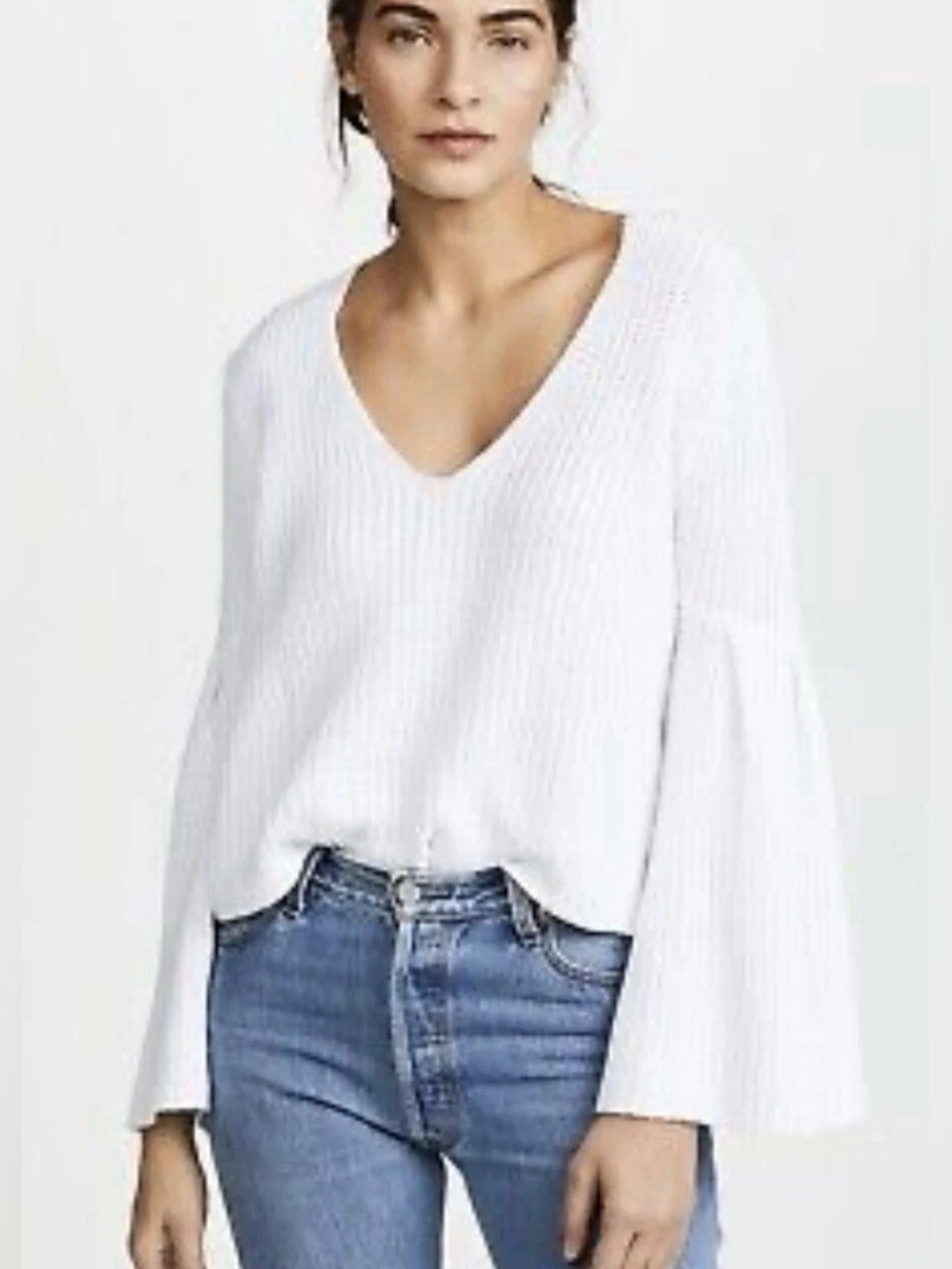 FREE PEOPLE Damsel Bell Sleeve Cropped Oversized White Boho Knit Sweater Sz M